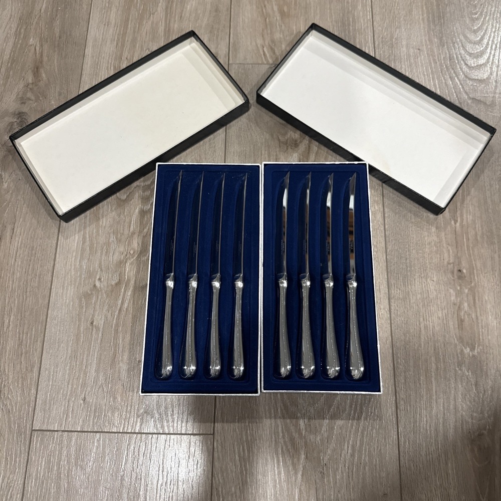 TOWLE Stainless BEADED ANTIQUE 8 Steak KNIVES Excellent in BOX Must SEE !
